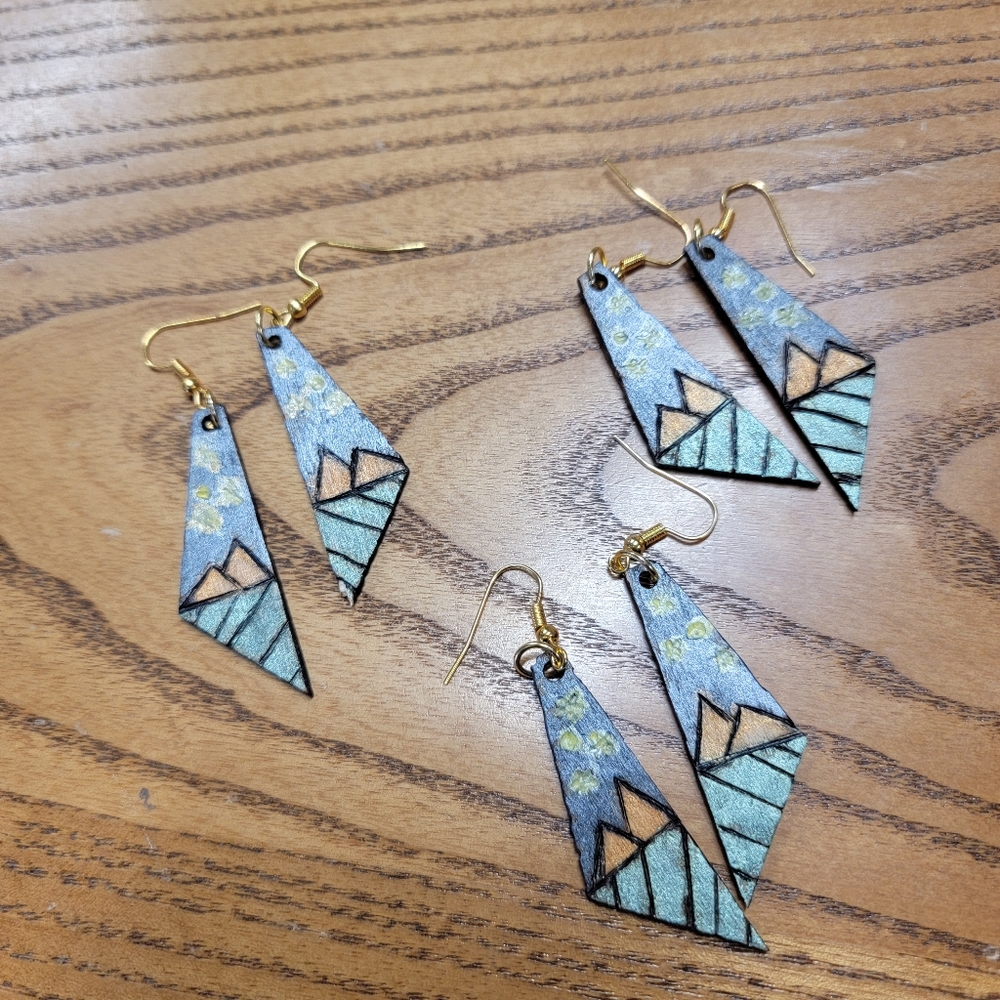 Handmade Woodburned Starry Night Mountain Earrings
